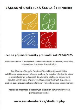 ZUŠ Šternberk: Přijímací zkoušky pro školní rok 2024/2025